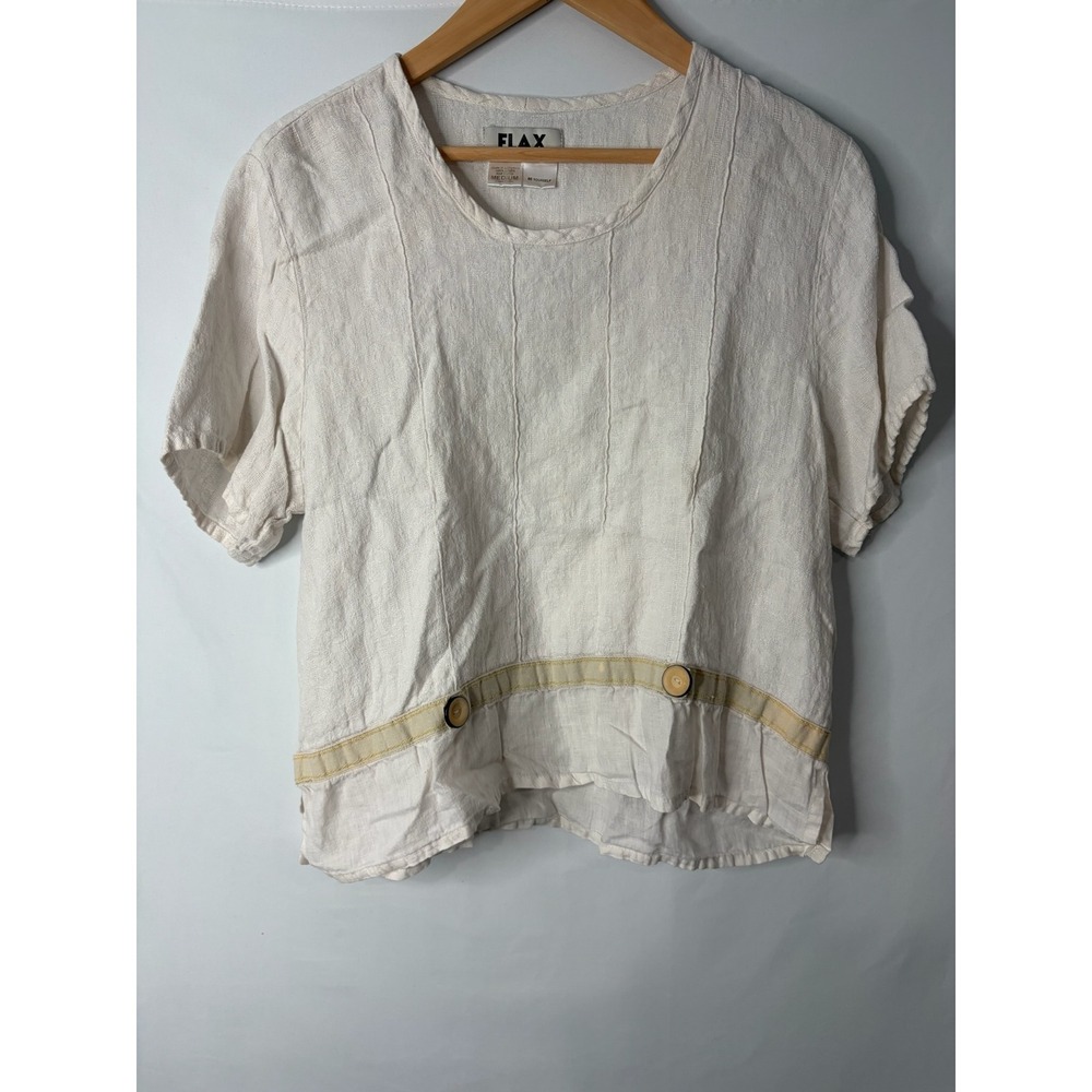 FLAX Ivory 100% Linen Short Sleeve Boxy Top Sz M Button Accent Boho Lagenlook